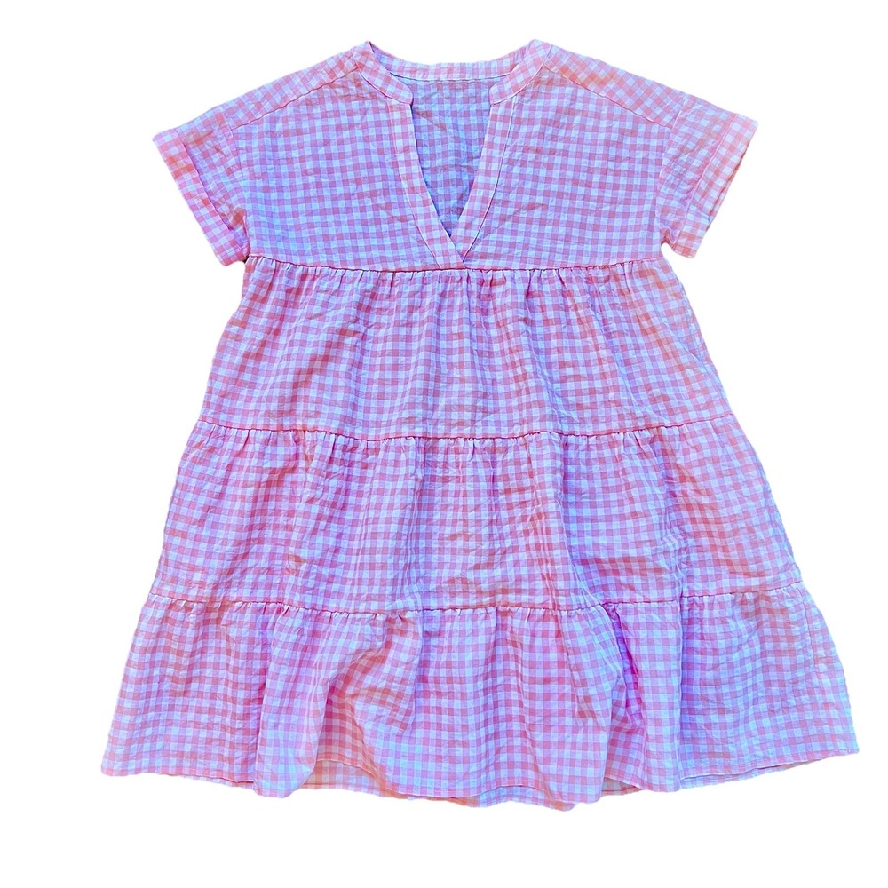 Pink Gingham Tiered Short Sleeve V-Neck Dress With Pockets, Size Med